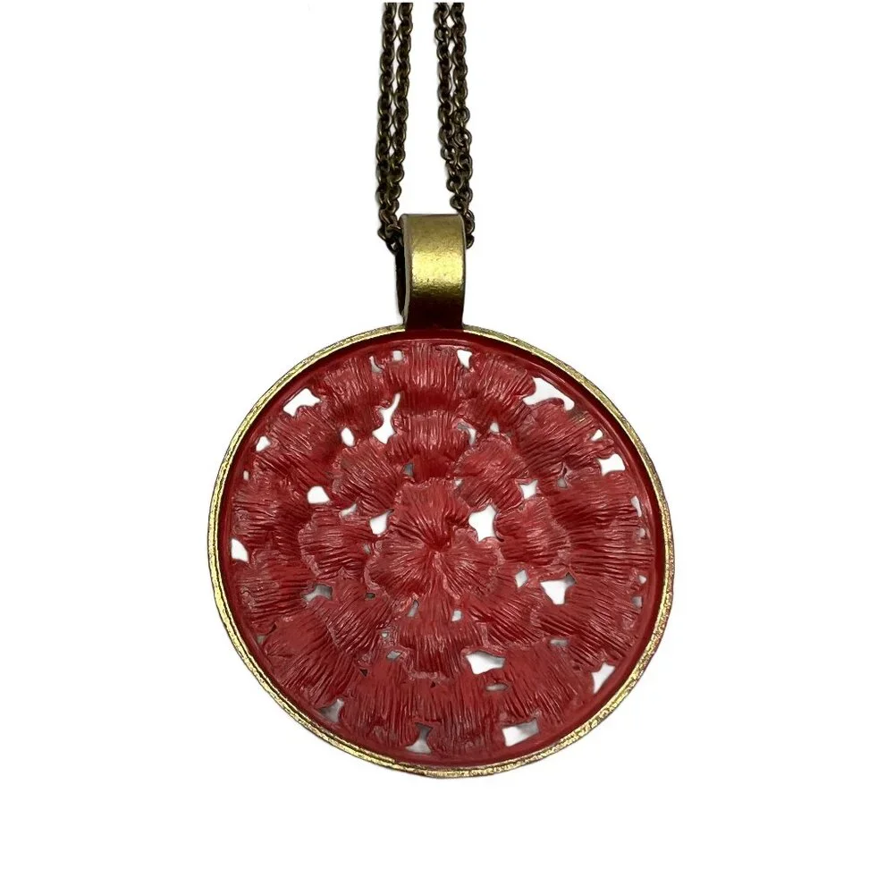 Floral Medallion Red Orange Patina Pendant Double Chain Antique Bronze - Picture 5 of 10
